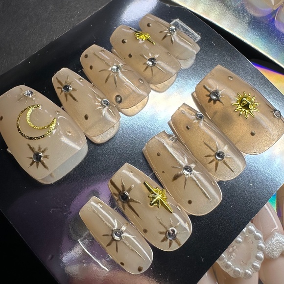 Nude Short Coffin stars, moon and sun handmade press on nails - Picture 1 of 5
